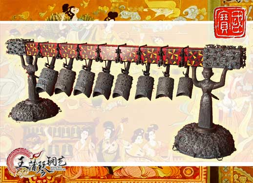 8件古編鐘，銅人銅座裝飾，可發(fā)音